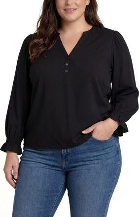 Liverpool L.A. Mixed Media Three-Quarter Sleeve Top in Black at Nordstrom, Size 2X