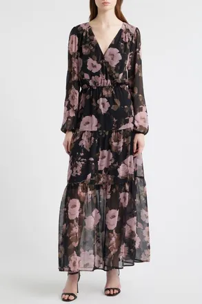 Chelsea28 Floral Print Long Sleeve Tiered Maxi Dress in Black Fiona Floral at Nordstrom, Size Xx-Small