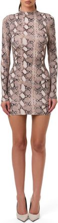Naked Wardrobe Leopard Print Long Sleeve Body-Con Minidress in Nude Snakeskin at Nordstrom, Size X-Large