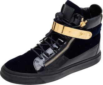 Giuseppe Zanotti Navy Blue/black Velvet And Leather Coby High Top Sneakers