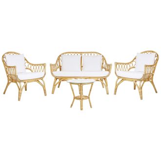 Beliani Conjunto De Sof&aacute; De Jard&iacute;n De 4 Plazas Sof&aacute; De Rat&aacute;n Natural 2 Sillones Mesa De Centro Redonda Tablero De Cristal Sibari
