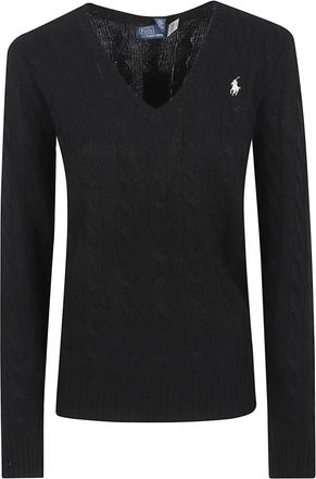 Polo Ralph Lauren Truien & Vesten, Dames, Zwart, XS, Wol, Zwarte Kabel Gebreide V-Hals Trui