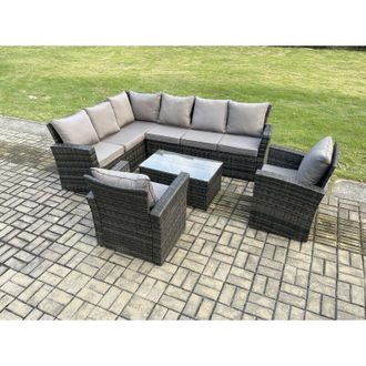 Fimous 8 Seater High Back Outdoor Garden Furniture Set Rattan Corner Sofa Set With Rectangular Coffee Table 2 Armchairs Dark Grey Mixed - Fimous