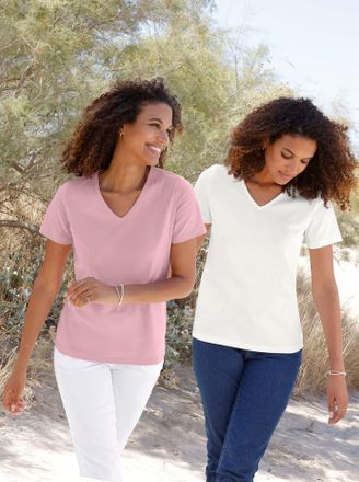 Casual Looks Kurzarmshirt CASUAL LOOKS 2er-Pack Shirts, Damen, Gr. 36, ros&eacute;, ecru, 100% Baumwolle, unifarben, V-Ausschnitt, Shirts Kurzarmshirt