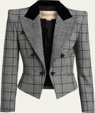 Valentino Garavani Velvet-Trim Check Double-Breasted Jacket