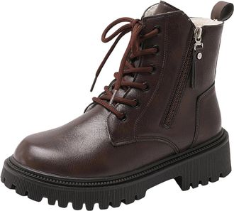 Generic Biker Boots for Women Chunky Heel Warm Winter Booties Stylish Fleece Lined Side Zipper Non-Slip Classic Comfy Lace Up Ankle Boots Work Holiday