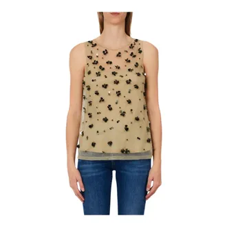 Liu Jo Sleeveless Tops, female, Beige, Size: XS Embroidered Tulle Top