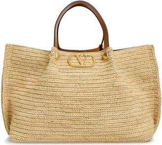 Valentino Garavani Medium VLOGO Signature Raffia Crochet Tote in Natural at Nordstrom