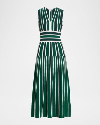 Max Mara Tallone Plunging Stripe Pleated Knit Midi Dress