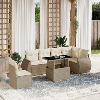 vidaXL Vidaxl - Set Sof&aacute;s De Jard&iacute;n 7 Piezas Y Cojines Rat&aacute;n Sint&eacute;tico Beige