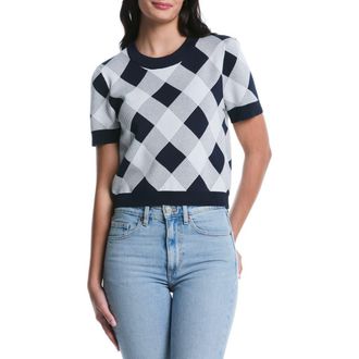 Shelli Segal Short Sleeve Check Knit Top in Peacoat at Nordstrom Rack, Size X-Large