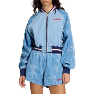 adidas Originals SST Denim Graphic Varsity Bomber Jacket in Medium Blue Denim at Nordstrom, Size X-Small