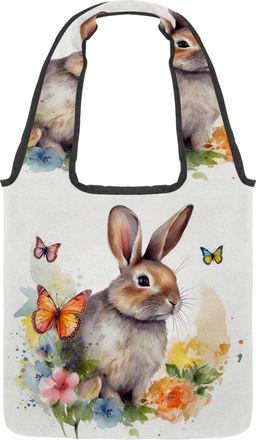 Generic Watercolor Florals Rabbit Reversible Canvas Shoulder Tote - Double-Sided Print, 12oz Cotton, 27cm Drop, Fold-Flat Bag for Travel, Shopping, Street Out
