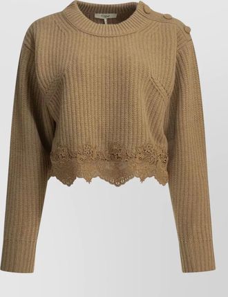 Chlo&eacute; cashmere wool ribbed cropped lace-trim sweater