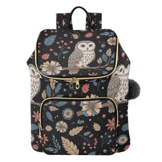 Generic Fall Owl Flowers Black Women Backpack Large Capacity Quilted Travel Shoulder Bag with Leather Handle & Key Ring Laptop Backpack for Work Business Shop