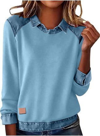 Generic Womens Jumpers, Ladies Jumpers Sweatshirts Long Sleeve Tops Women UK Trendy Denim Patchwork Tunics Blouse Going Out Slim Fit Pullover Shirts Dressy Ca