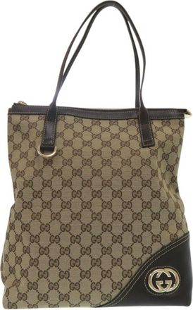 Gucci Beige Gg Canvas Leather Shoulder Bag Tote Bag (Pre-Owned)
