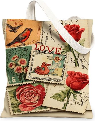 Generic Vintage Floral Canvas Tote Bags, Retro Rose Bird Pattern Reusable Grocery Bags, Spring Romantic Lightweight Washable Should, Beige, 13x15 Inch