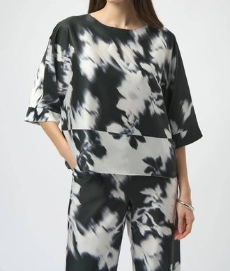 Joseph Ribkoff Floral Satin Boxy Top In Black/winter White