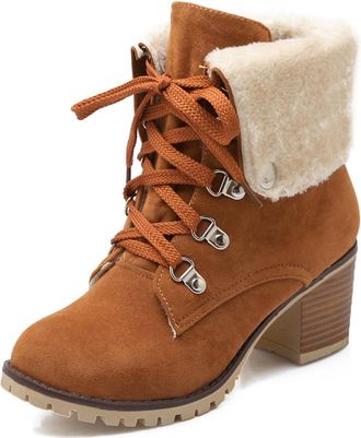 Generic Womens Block High Heel Platform Booties Faux Suede Winter Short Boots Lace Up Casual Ankle Boots,Yellow,6.5 UK