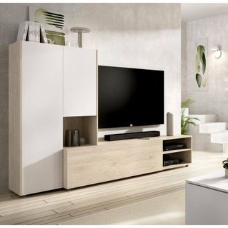 Dmora Dmora - Pared Equipada Ainos, Composici&oacute;n De La Sala De Estar, Muebles De Sal&oacute;n Multiusos, Gabinete De Tv, 227x40 H141 Cm, Blanco Y Roble