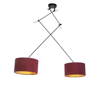 QAZQA Cl&aacute;sico/antiguo L&aacute;mpara Colgante Negra Con Pantallas De Terciopelo Rojo Y Dorado 35 Cm 2-luces - Blitz Textil /acero Cil&iacute;ndra /alargada /redonda Adecu