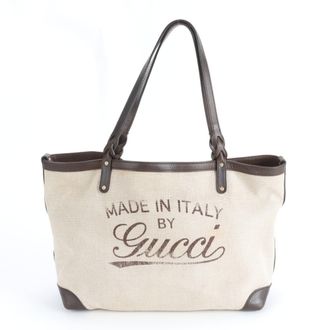 Gucci Brown Leather Canvas Handbag Tote Bag (Pre-Owned)