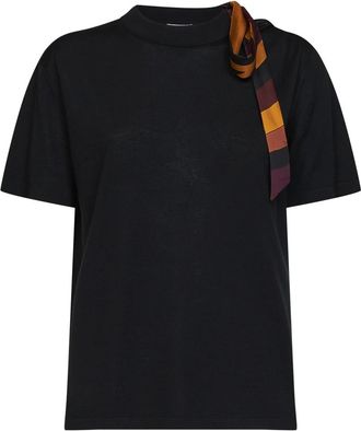 Pucci Ribgebreid T-shirt met Ronde Hals en Zijden Sjaaldetail - Dames - T-shirts - Zwart - S - Wol - Tops