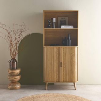 Sweeek Shelf Library Decor Grooved Wood 2 Sliding Doors 4 Levels in Light Brown