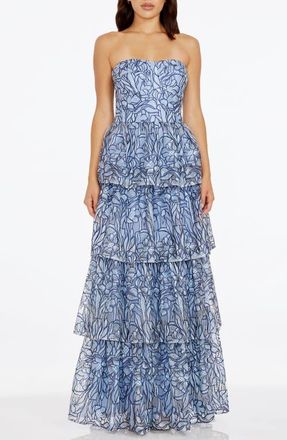 Dress The Population Aubriella Beaded Floral Strapless Tiered Gown in Mineral Blue Multi at Nordstrom, Size Xx-Small