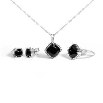 House of Brilliance Sterling Silver Cushion Onyx 3-Piece Jewelry Set Ring Earrings Pendant 18 Inch Cable Chain