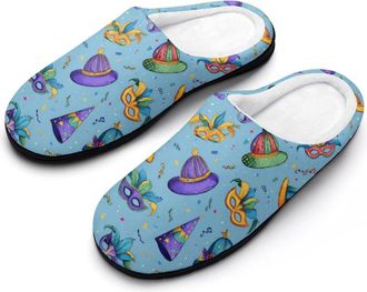Generic Mardi And Gras Hat Mask Funny Mens Cotton Slippers Soft Non-Slip Rubber Sole House Slipper Indoor Outdoor