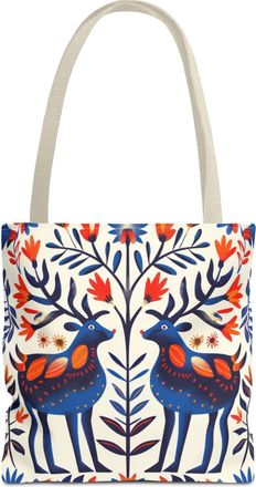 Generic Norwegian Folk Bird Pattern Tote Bag, Scandinavian Style Shopping Bag, Nordic Inspired Shoulder Bag, Folk Art Tote, Beige, 13 × 13