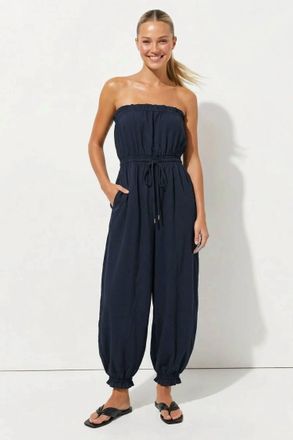 Naked Zebra Strapless Balloon Leg Jumpsuit In Dark Navy