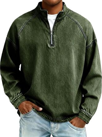 Generic DENGJIAMY Mens Quarter Zip Pullover Fashion Collar Denim Shirt Long Sleeve Classic Casual Jean Tops Winter Tops Plus Size Vintage Sweatshirt (Army Gre