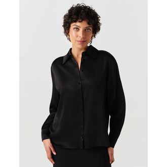 Ghost London Esther Collared Satin Shirt in Black at Nordstrom, Size 14