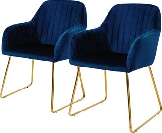 ML Design Ml-design - Juego De 2x Sillas De Comedor Azules Asiento Ergon&oacute;mico Acolchado Tapizado De Terciopelo, Patas De Metal Dorado Sill&oacute;n De Dise&ntilde;o Moderno P