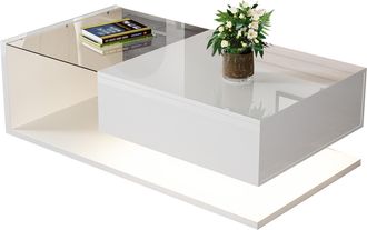 STILVORA Mesa De Centro Con Estante Y Tapa De Vidrio Templado Y Led 16 Colores, Blanco Brillo, Estilo Moderno, Aglomerado, 105&times;55&times;32,5 Cm