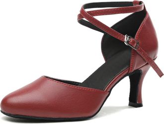 Minitoo Women Dance Shoes Closed Toe Party Evening Wedding Pumps with Ankle Strap L188 Burgundy UK 5.5