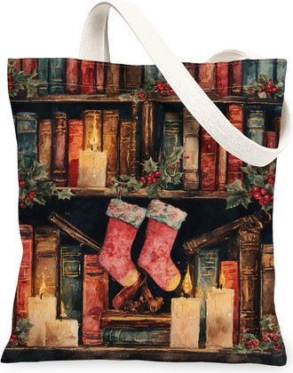 Generic Christmas Stockings Canvas Tote Bags, Holiday Design Reusable Grocery Bags, Vintage Lightweight Washable Shoulder Strap Canvas for Travel 13x15 Inch