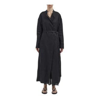 Isabel Benenato Belted Coats, female, Black, Size: 2XS Cappotto Lungo in Lino