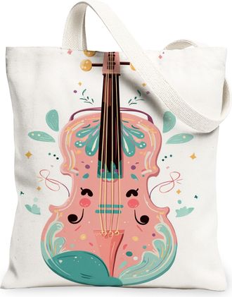 Generic Violin Canvas Tote Bags, Cute Instrument Design Reusable Grocery Bags, Spring Fun Lightweight Washable Shoulder Strap, White, 13x15 Inch