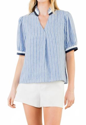 THML Clothing Short Sleeve Striped V Neck Top In Blue