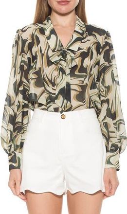 Alexia Admor Serena Long Sleeve Tie Neck Blouse in Green Multi at Nordstrom Rack, Size 10