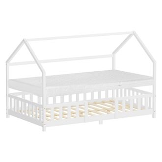 ML Design Ml-design Cama Infantil 120x200cm Blanco, Con Colch&oacute;n, Protecci&oacute;n Antica&iacute;da, Techo Y Somier, Listones De Madera De Maciza De Pino Lecho Doble Montesso