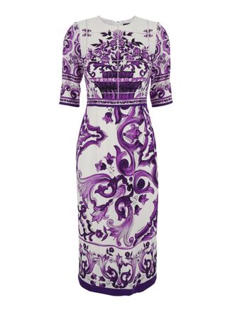 Dolce & Gabbana Violet Crewneck Dress With Rear Zip Closure And All-Over Floral Print In Silk Stretch Woman