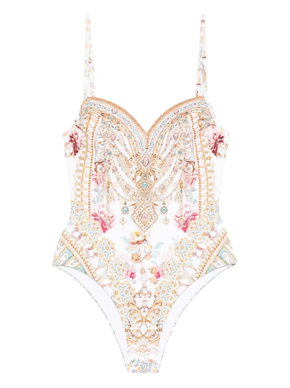 Costume Bianco Costume Intero Con Fiori Applicati Rosa Costumi