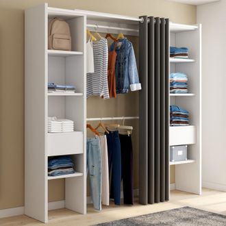 IDMarket Meryl 120/180 X 180 Cm Blanco Y Gris Armario Doble Extra&iacute;ble Con Cortina + Doble Espacio Para Colgar + Estantes