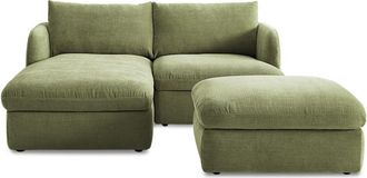 Castlery Ollie Storage Small Chaise Sectional Sofa Left Facing with Ottoman, (Greta) Moss, Removable Covers, Gaslift Storage for Living Room