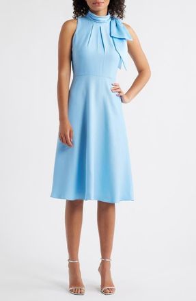 Eliza J Bow Mock Neck Fit & Flare Midi Dress in Light Blue at Nordstrom, Size 10